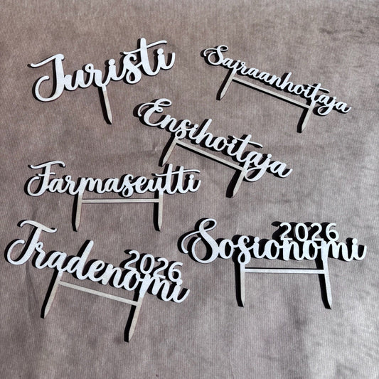 Kakkukoristeet, Ensihoitaja, Juristi, Sairaanhoitaja, Farmaseutti, Tradenomi, Sosionomi, Valmistujaiset 2026, Valmistujaiskakku, Kotimaista käsityötä