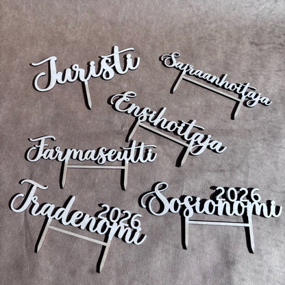 Kakkukoristeet, Ensihoitaja, Juristi, Sairaanhoitaja, Farmaseutti, Tradenomi, Sosionomi, Valmistujaiset 2026, Valmistujaiskakku, Kotimaista käsityötä