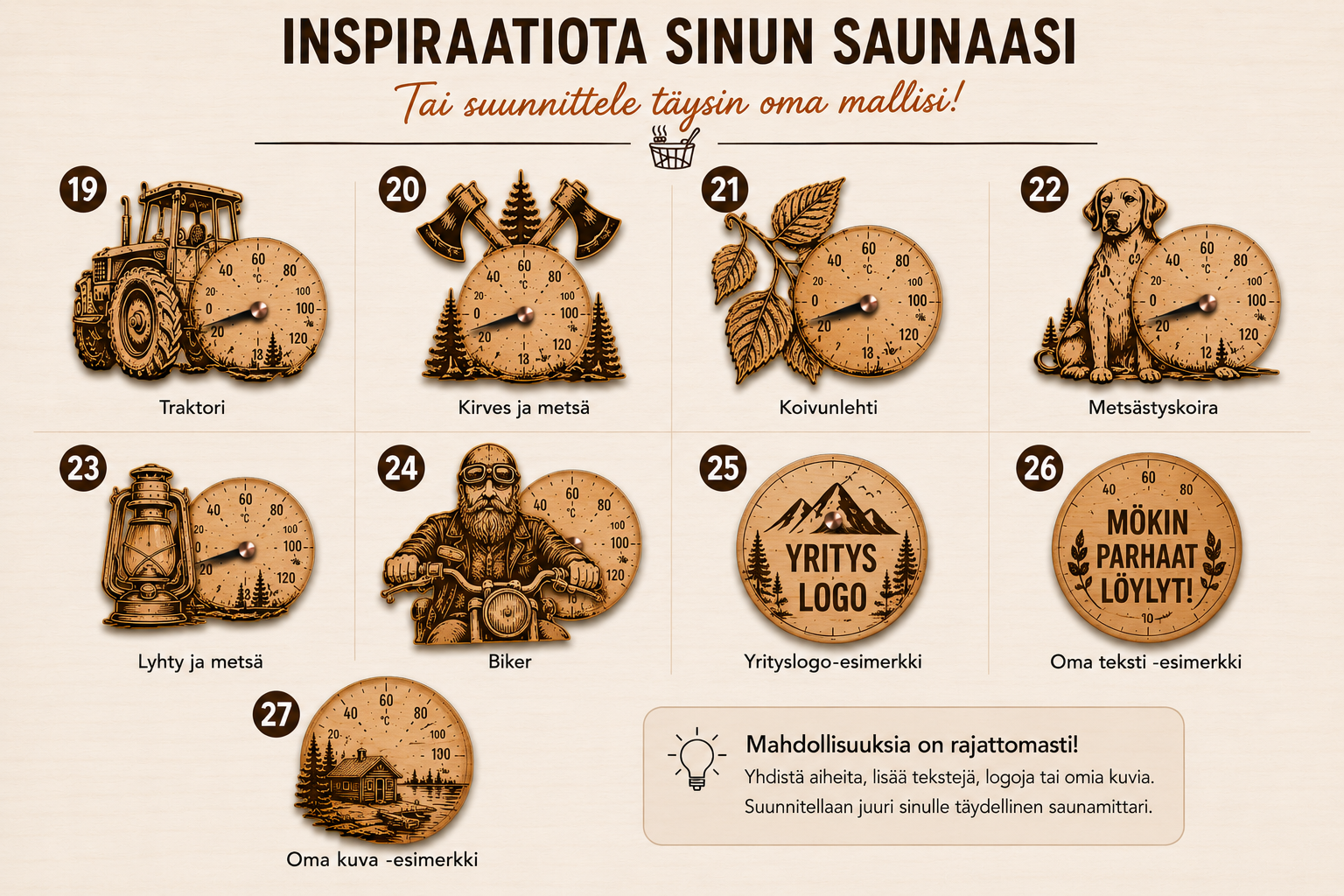 Suunnittele oma saunamittari tekoälyllä – yrityslogo, oma kuva, oma teksti tai täysin yksilöllinen design