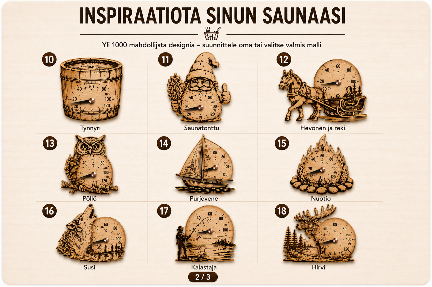 Saunamittari-ideoita – tynnyri, saunatonttu, hevonen, pöllö, nuotio, kalastaja ja hirvi