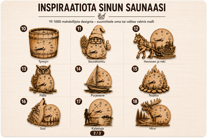 Saunamittari-ideoita – tynnyri, saunatonttu, hevonen, pöllö, nuotio, kalastaja ja hirvi