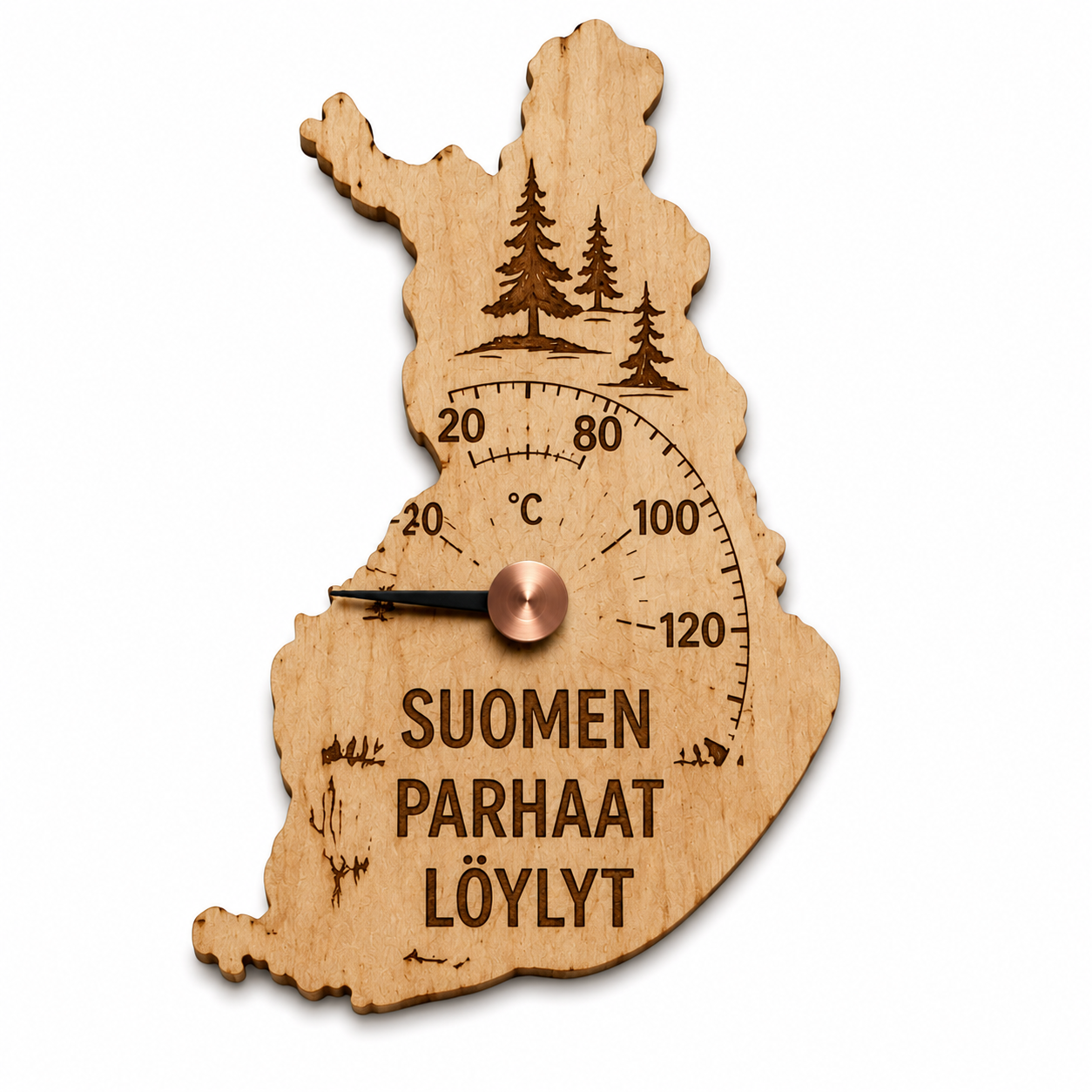Suomen kartan muotoinen puinen saunamittari