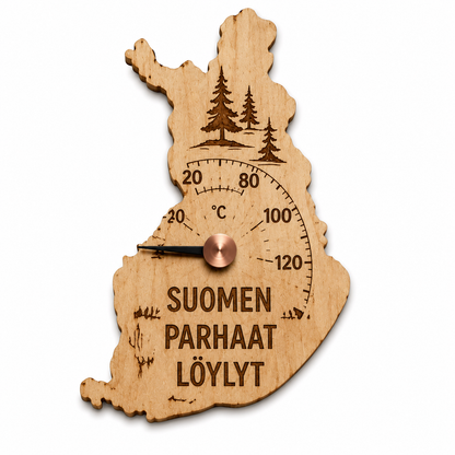 Suomen kartan muotoinen puinen saunamittari